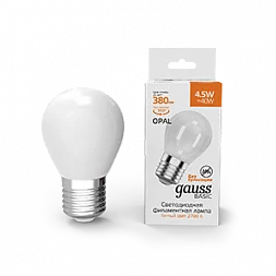 Лампа Gauss Basic Filament Шар 4,5W 380lm 2700К Е27 milky LED 1/10/50