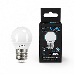 Лампа Gauss Шар 6.5W 550lm 6500K E27 LED 1/10/100