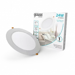 Светильник Gauss Basic Downlight круг 24W 2100m 4000K 170-260V IP20 225*26 белый LED 1/40