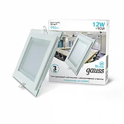 Светильник Gauss Glass кв 12W 990lm 4000K 185-265V IP20 монт 130х130 160*160*36 с дек стек LED 1/10/40